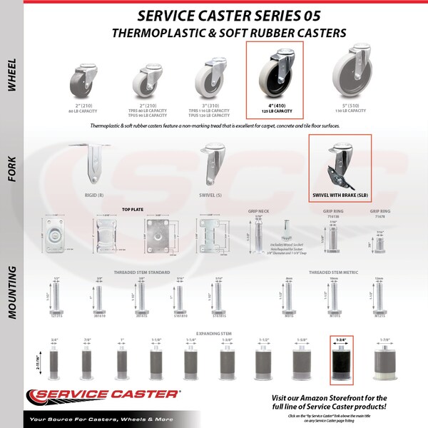 Service Caster 4 Inch Thermoplastic Wheel 1-3/4 Inch Expanding Stem Caster with Brakes, 4PK SCC-EX05S410-TPRS-SLB-134-4 - main
